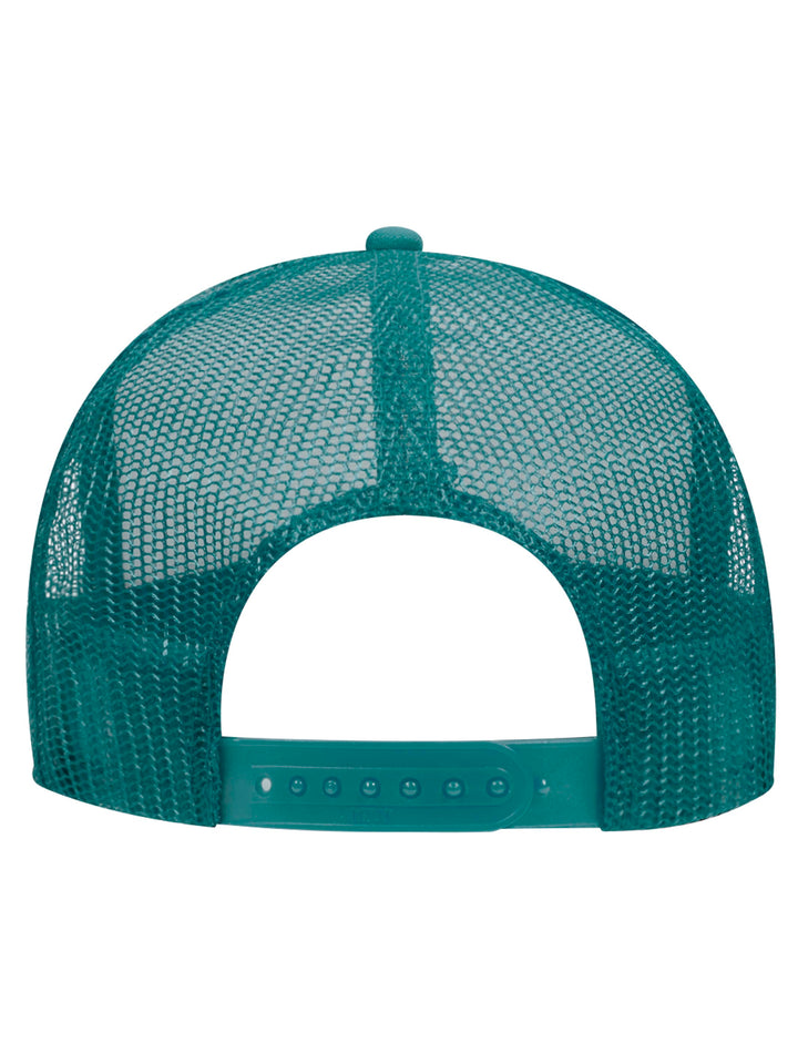 Rear view of the Otto 5 Panel Foam Trucker Hat in teal, showcasing the breathable mesh back and snap closure.