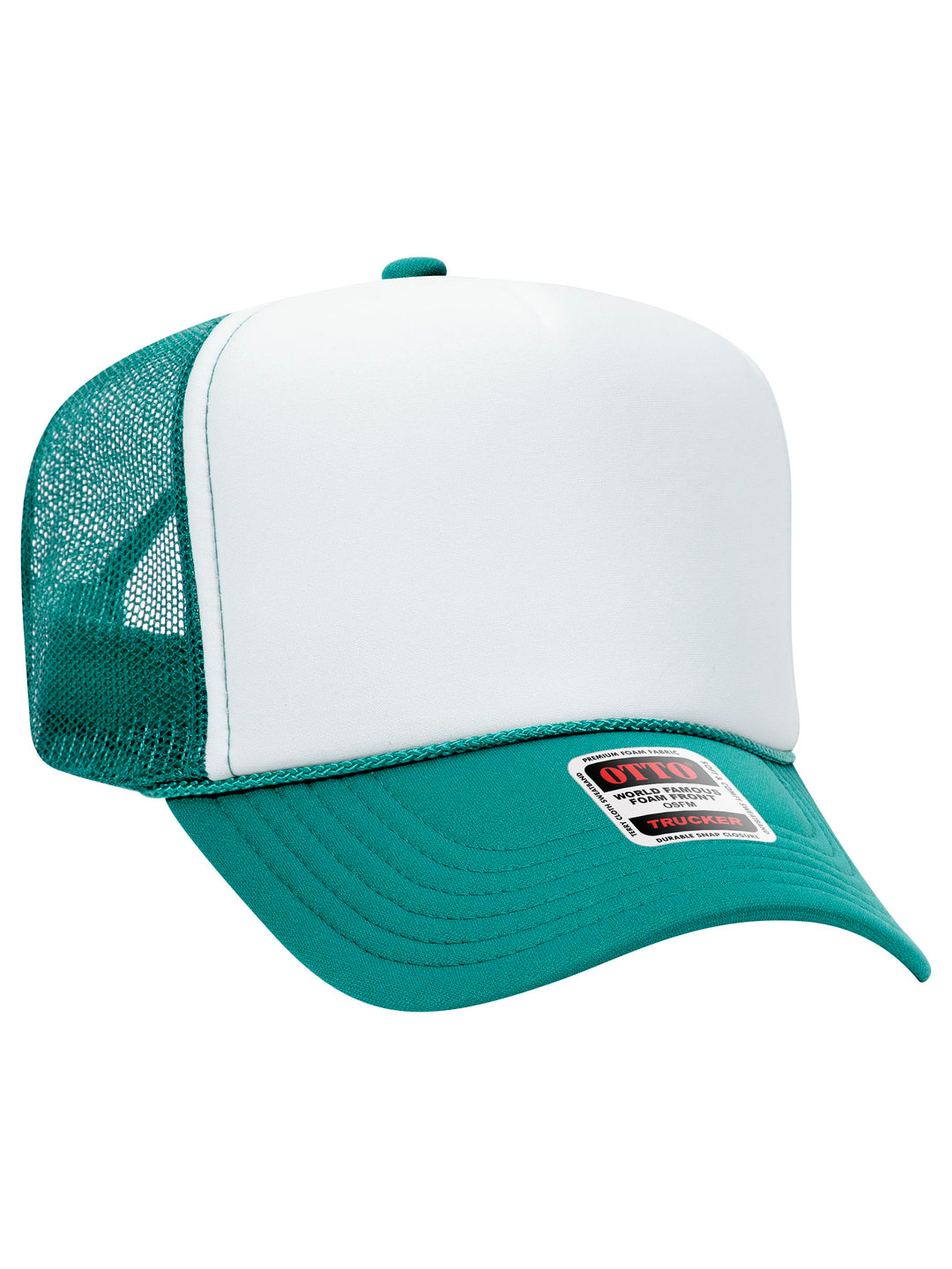 Otto 5 Panel Foam Trucker Hat in white and teal with a structured foam front and breathable mesh back.