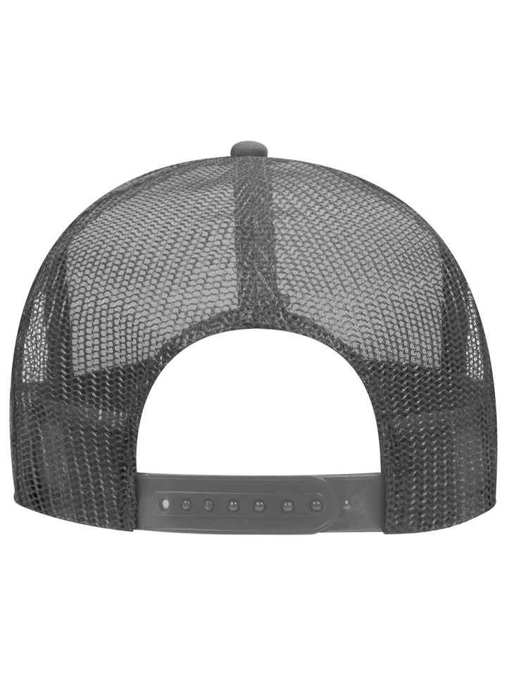 Rear view of the Otto 5 Panel Foam Trucker Hat in charcoal gray, highlighting the mesh back and adjustable snap closure.