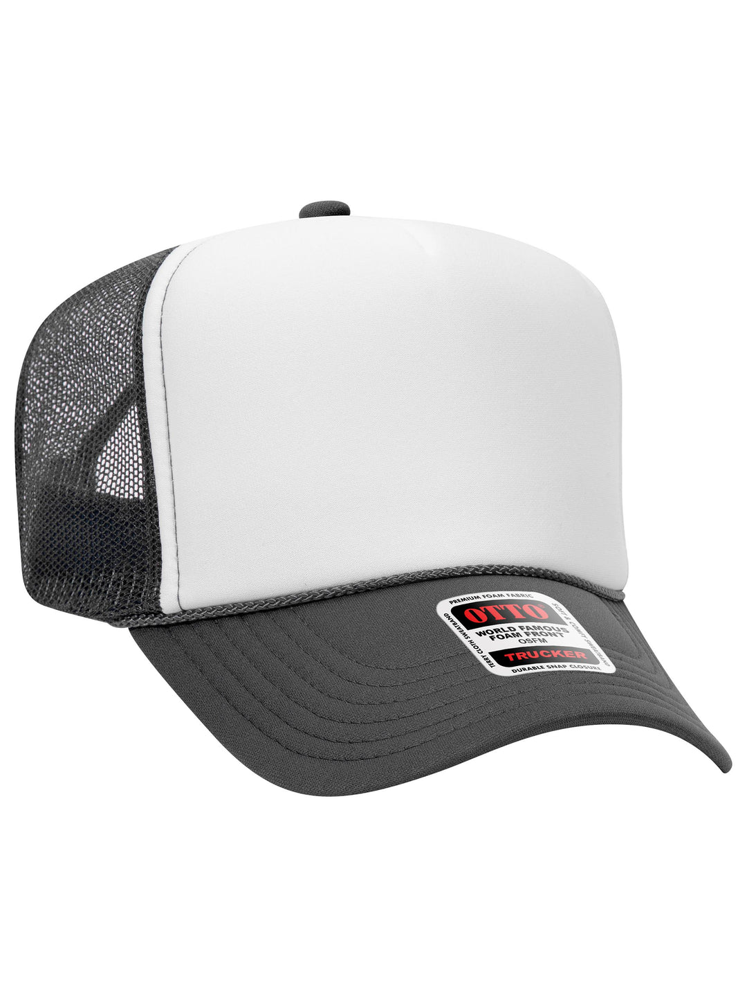 Otto 5 Panel Foam Trucker Hat in white and charcoal gray with a structured foam front and breathable mesh back.