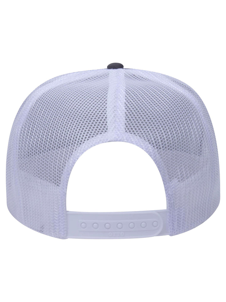 Rear view of the Otto 5 Panel Foam Trucker Hat in white and gray, showcasing the breathable mesh back and snap closure.