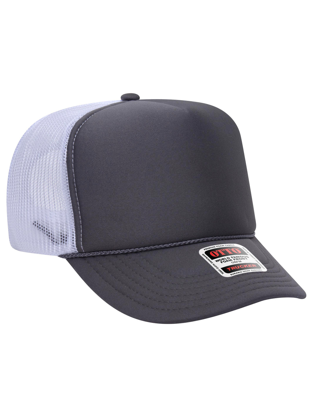 Otto 5 Panel Foam Trucker Hat in gray and white with a structured foam front and breathable mesh back.