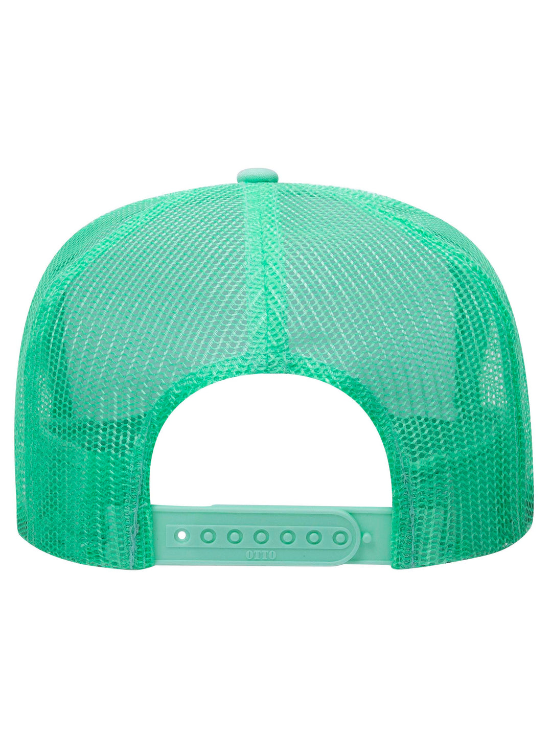 Rear view of the Otto 5 Panel Foam Trucker Hat in mint green, showcasing the breathable mesh back and snap closure.