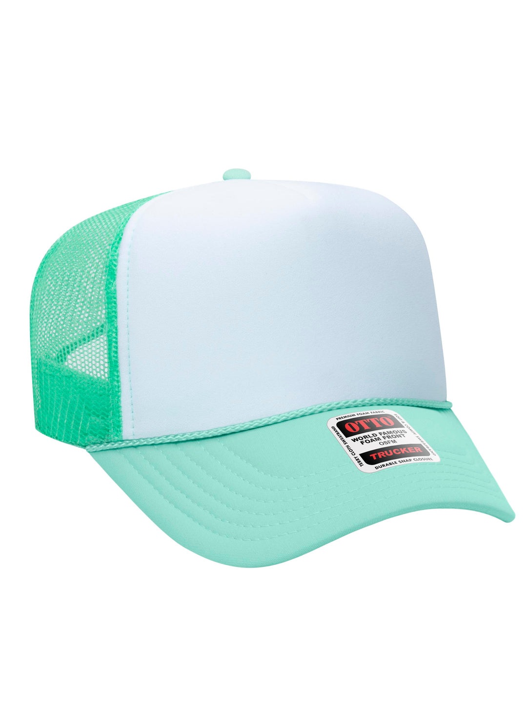 Otto 5 Panel Foam Trucker Hat in white and mint green with a structured foam front and breathable mesh back.