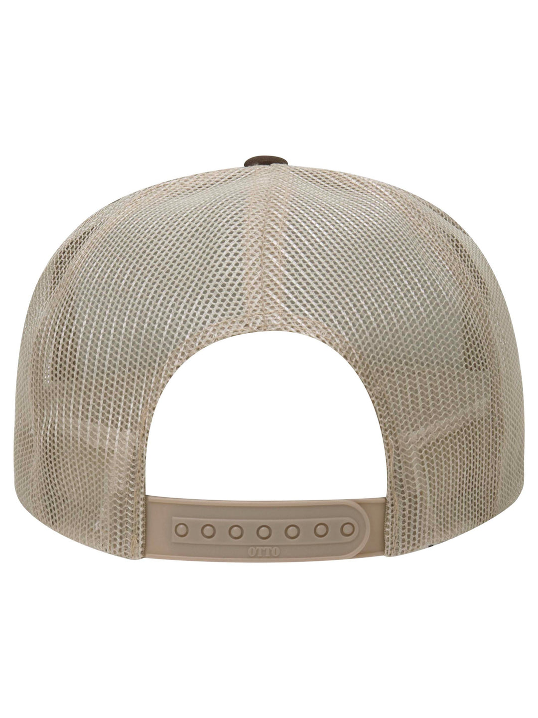 Rear view of the Otto 5 Panel Foam Trucker Hat in beige, showcasing the breathable mesh back and snap closure.