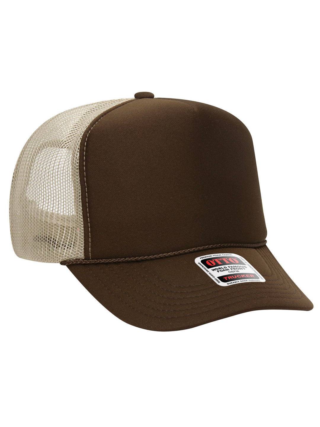 Otto 5 Panel Foam Trucker Hat in brown and beige with a structured foam front and breathable mesh back.