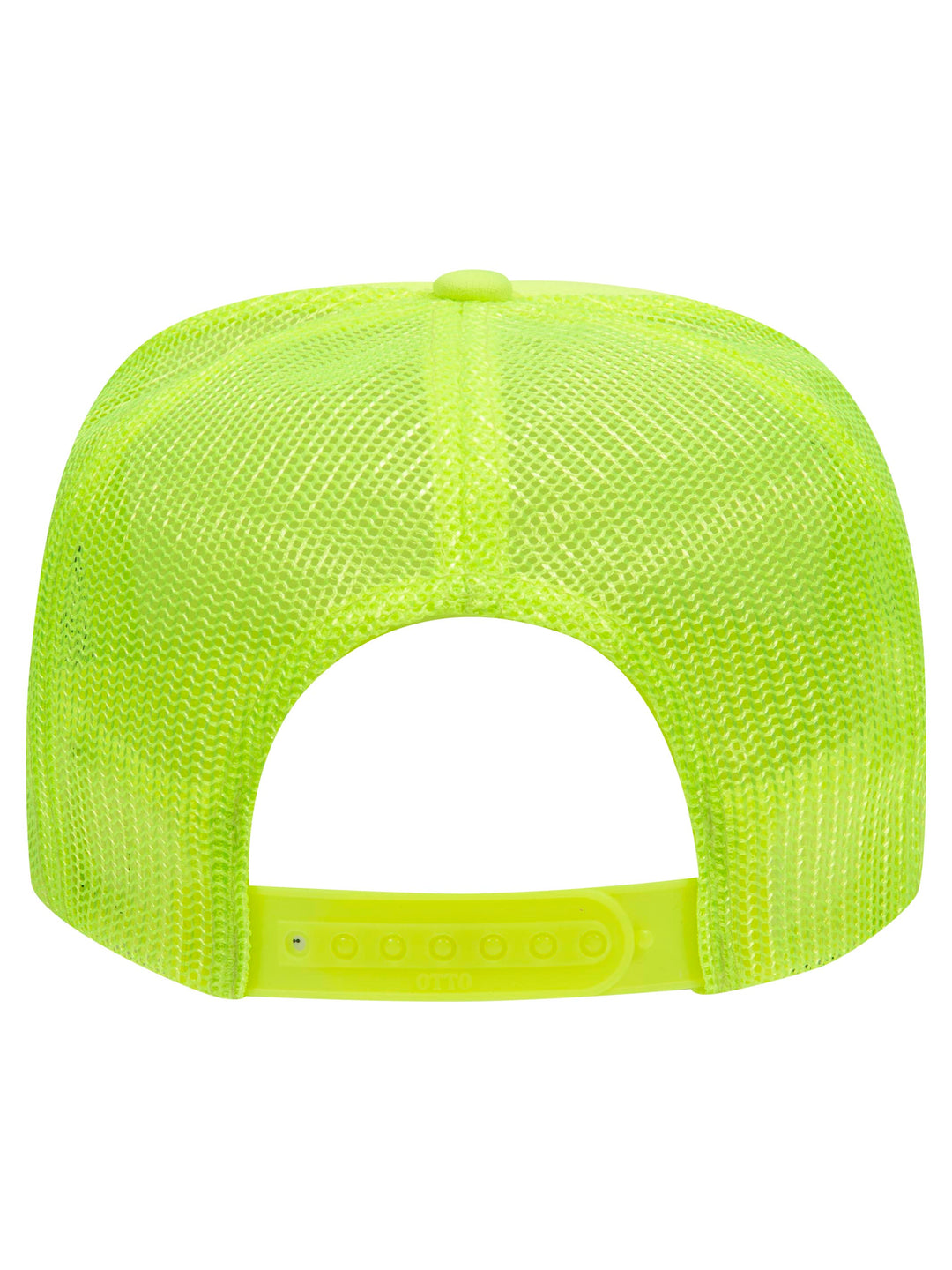 Rear view of the Otto 5 Panel Foam Trucker Hat in neon yellow, highlighting the mesh back and adjustable snap closure.