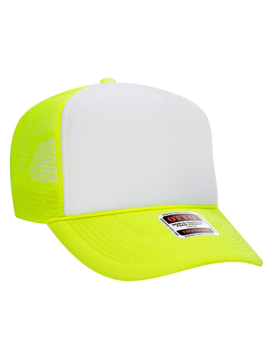 Otto 5 Panel Foam Trucker Hat in white and neon yellow with a structured foam front and breathable mesh back.