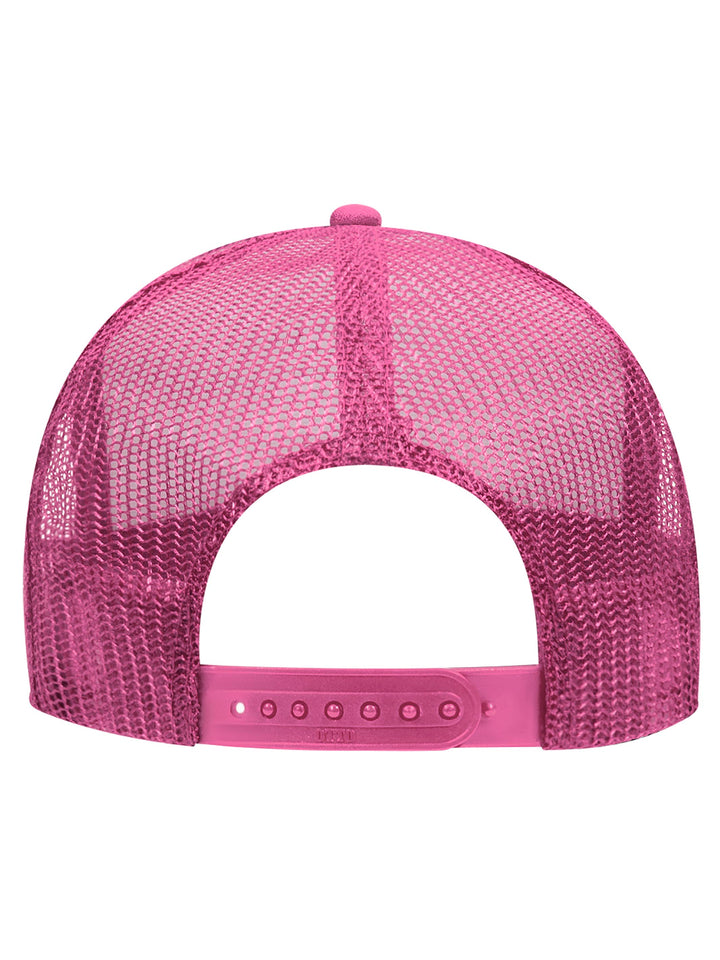 Rear view of the Otto 5 Panel Foam Trucker Hat in magenta, highlighting the mesh back and adjustable snap closure.