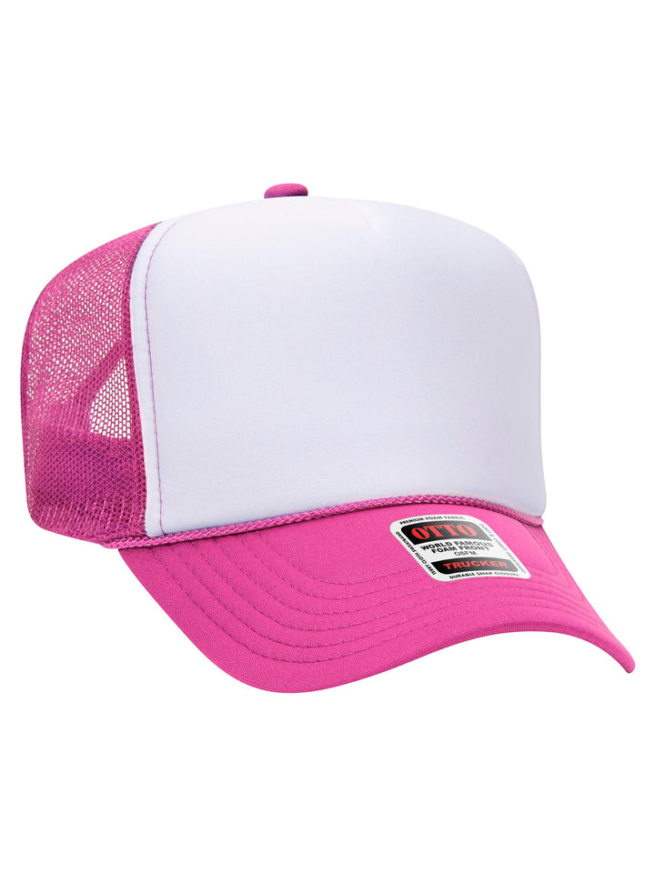 Otto 5 Panel Foam Trucker Hat in white and magenta with a structured foam front and breathable mesh back.