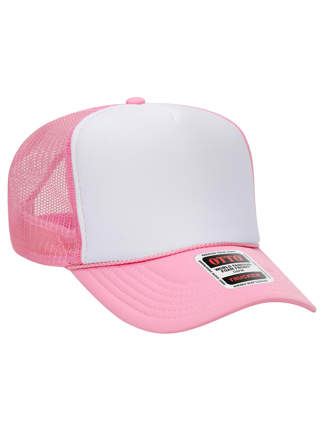 Otto 5 Panel Foam Trucker Hat in white and light pink with a structured foam front and breathable mesh back.