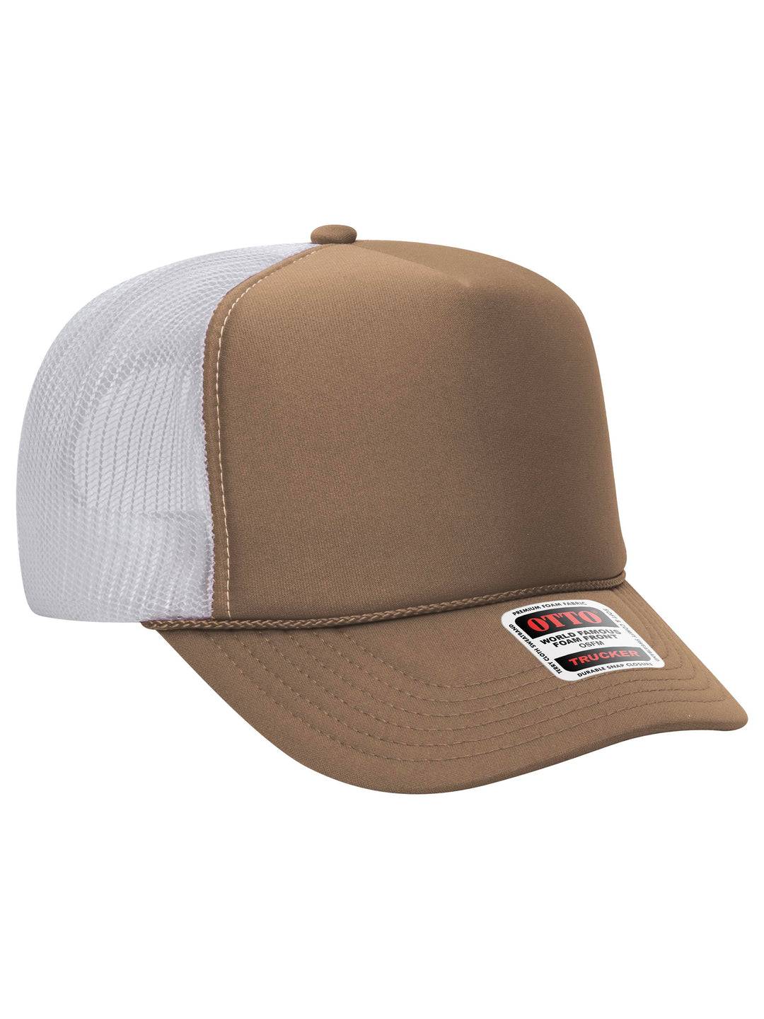 Otto 5 Panel Foam Trucker Hat in tan and white with a structured foam front and breathable mesh back.