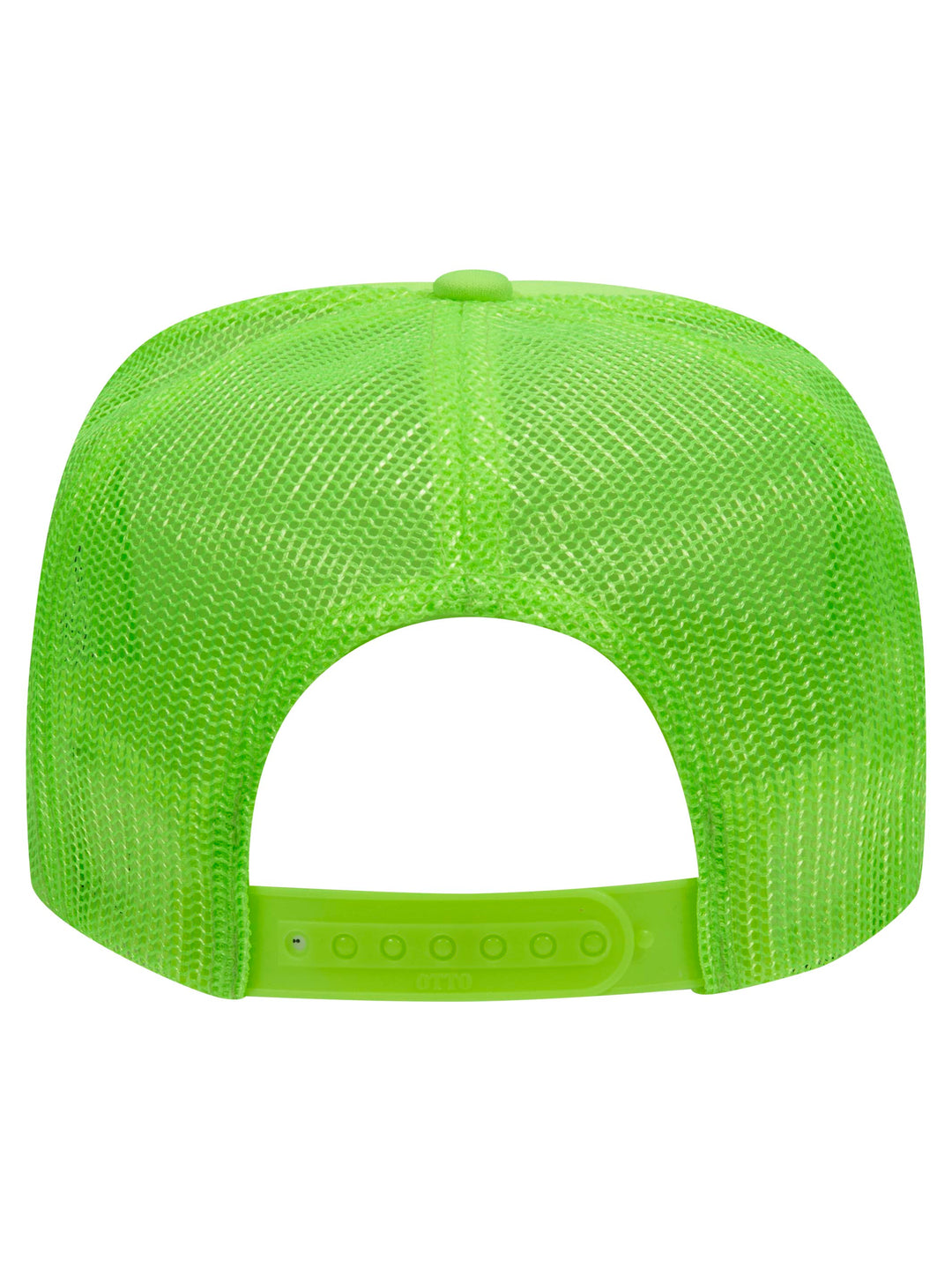 Rear view of the Otto 5 Panel Foam Trucker Hat in neon green, showcasing the breathable mesh back and snap closure.