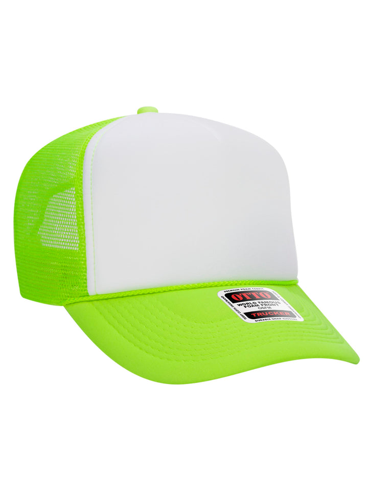 Otto 5 Panel Foam Trucker Hat in white and neon green, featuring a structured foam front and mesh back.