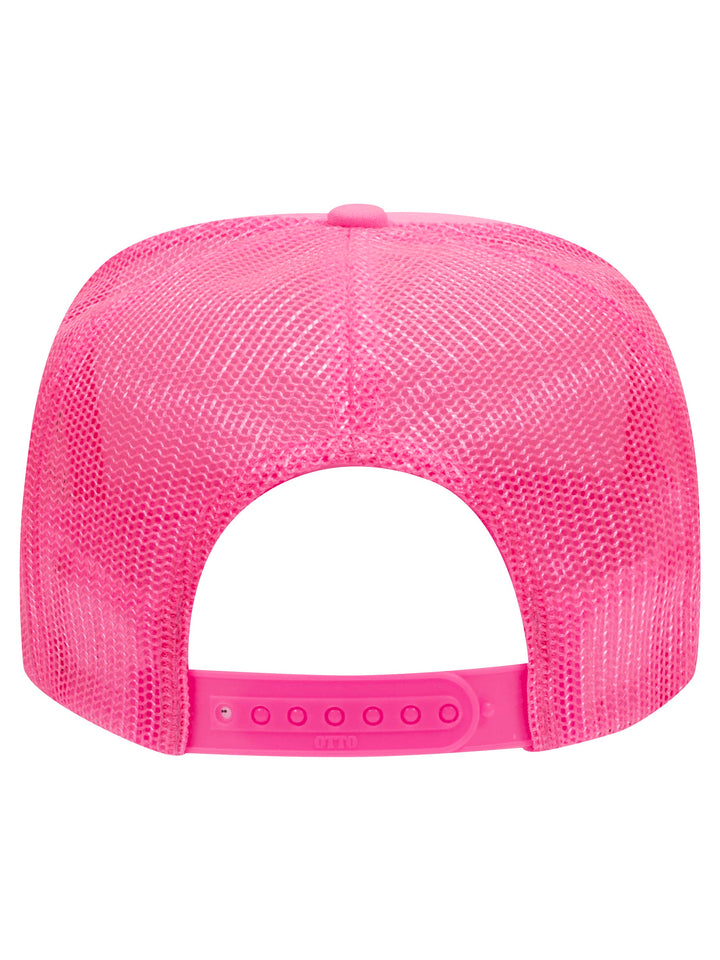 Rear view of the Otto 5 Panel Foam Trucker Hat in pink, showcasing the mesh back and adjustable snap closure.