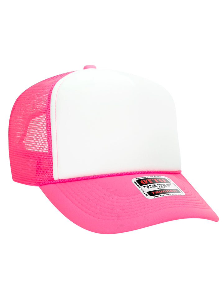 Otto 5 Panel Foam Trucker Hat in white and pink with a structured foam front and breathable mesh back.