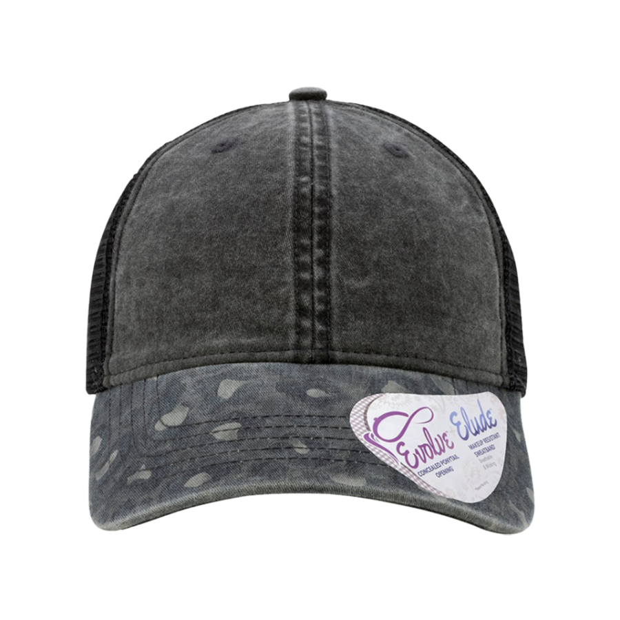 Infinity Her Women's Printed Visor with Mesh Back Cap - JANET features a distressed black front and leopard-print visor with breathable mesh back.