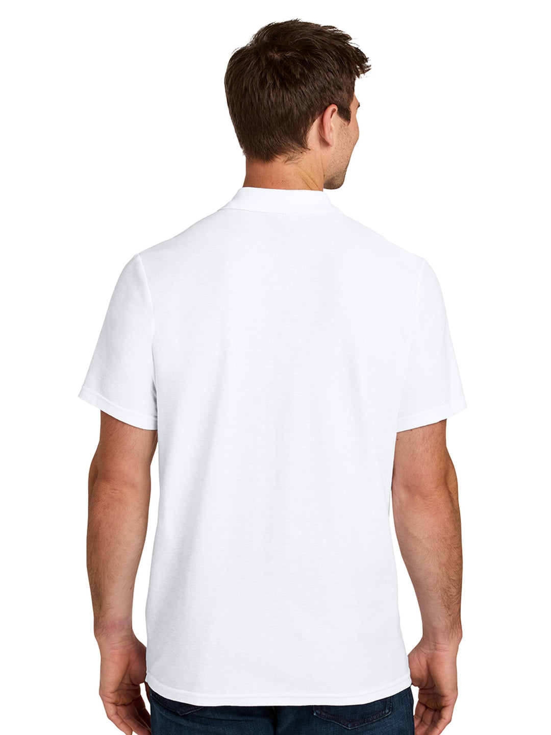 Back view of the Gildan Softstyle Adult Pique Polo in white, highlighting its classic design and smooth finish for a polished look.