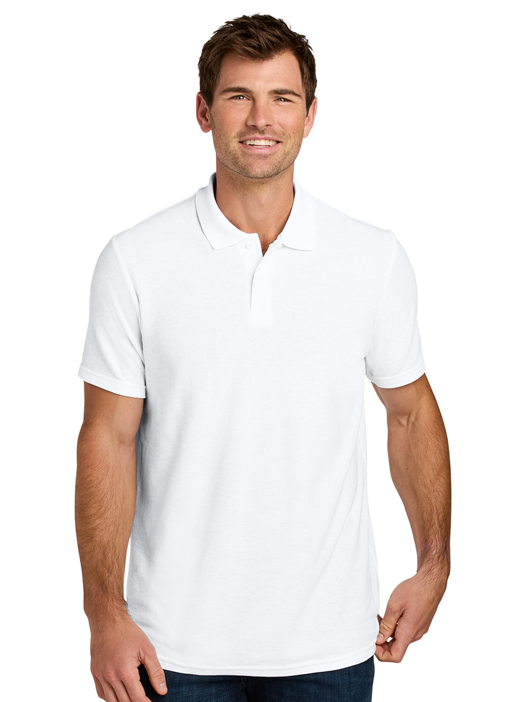 Custom Gildan Softstyle Adult Pique Polo in white, featuring a soft 100% ring-spun cotton fabric. Ideal for embroidery or print customization.