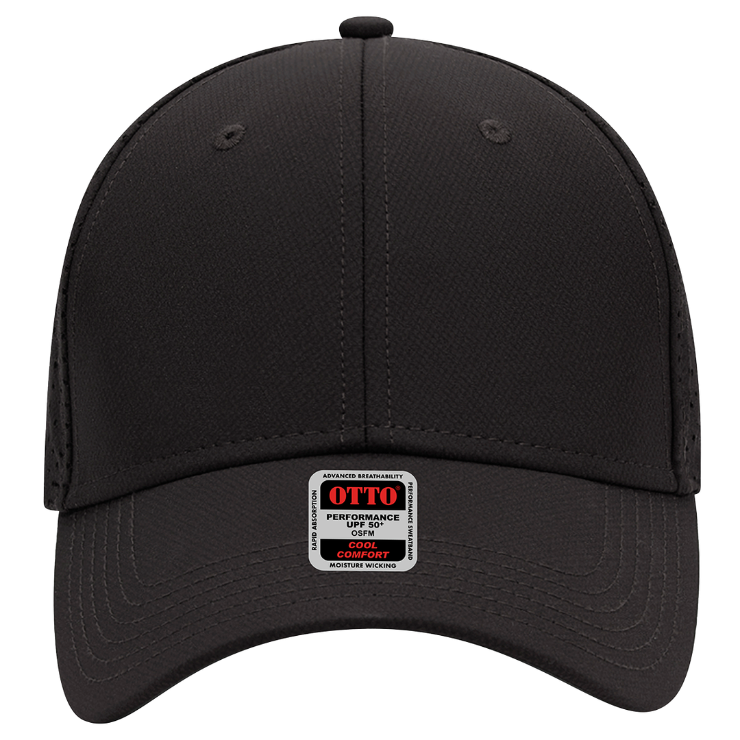 Front view of Otto Performance Baseball Hat- 19-1275 in black, featuring a structured design with a performance fabric for comfort and durability.