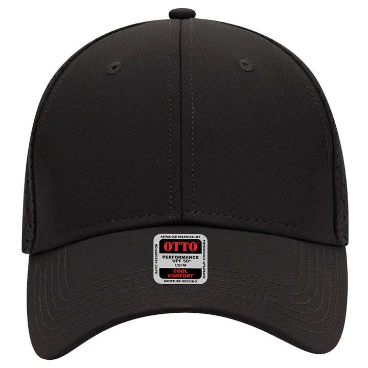 Front view of Otto Performance Baseball Hat- 19-1275 in black, featuring a structured design with a performance fabric for comfort and durability.