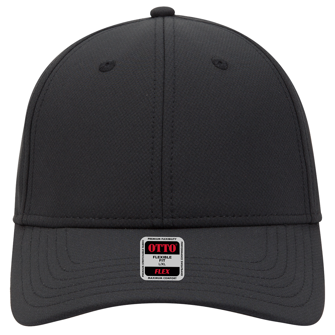 Front view of Otto Performance Flex Fit Hat- 11-1257 in black, showcasing its premium fabric, structured fit, and Otto Flex branding on the brim.