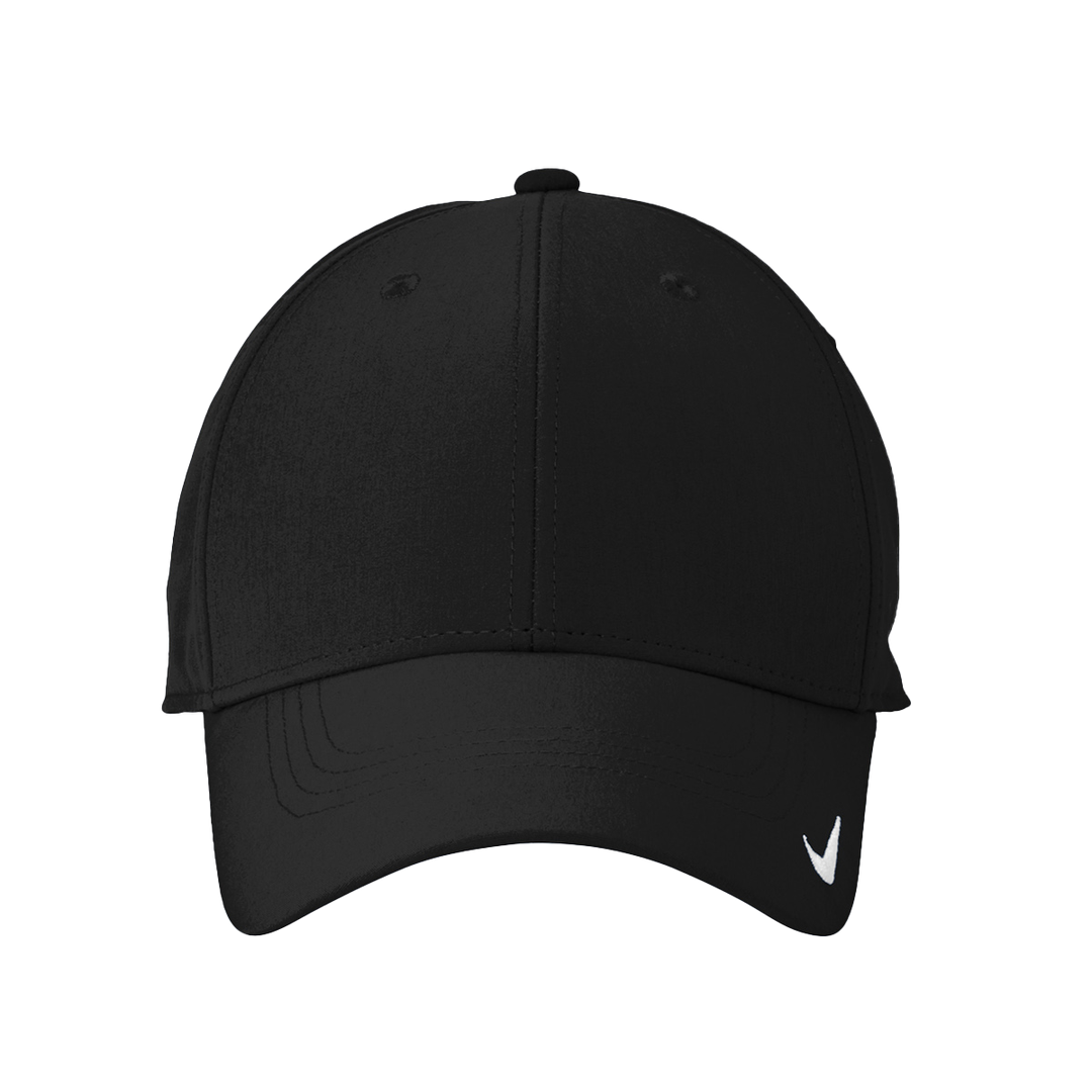 Front view of the black Nike Dri-Fit Legacy Hat with a curved brim and embroidered white Nike swoosh logo on the left side.