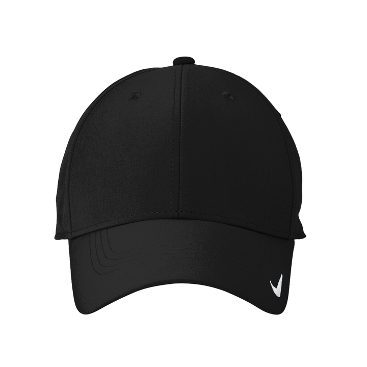 Front view of the black Nike Dri-Fit Legacy Hat with a curved brim and embroidered white Nike swoosh logo on the left side.