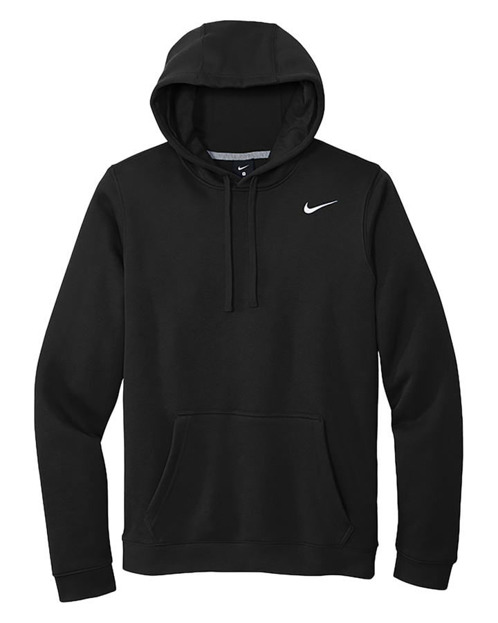 Black Nike Club Fleece Hoodie laid flat, showcasing its sleek design and embroidered logo. Perfect for customization with your logo or text.