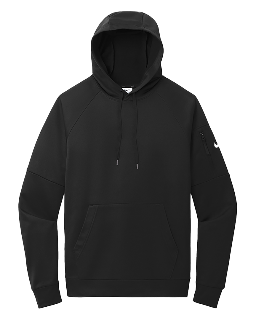 Flat-lay black Nike Therma-FIT Hoodie with a minimalist design and sleeve pocket. Customize with your logo for a sleek, branded look.