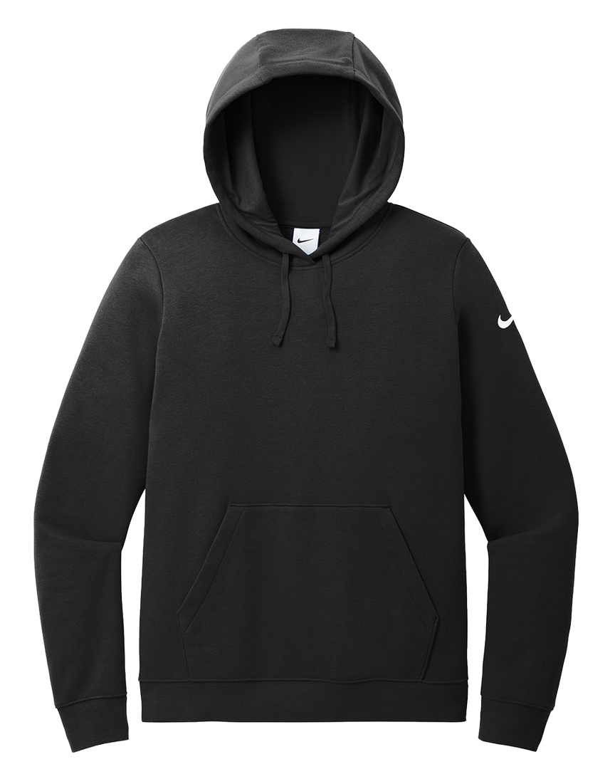 Nike Ladies Club Fleece Pullover Hoodie in black, featuring a classic design with a front pocket, adjustable hood, and soft fleece lining for warmth.