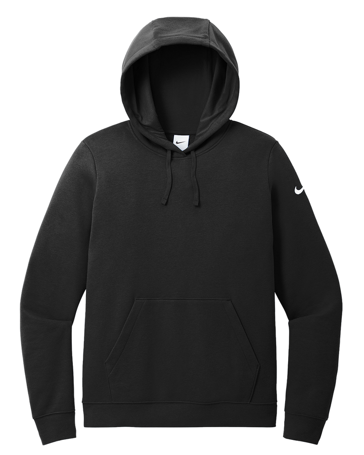 Nike Ladies Club Fleece Pullover Hoodie in black, featuring a classic design with a front pocket, adjustable hood, and soft fleece lining for warmth.