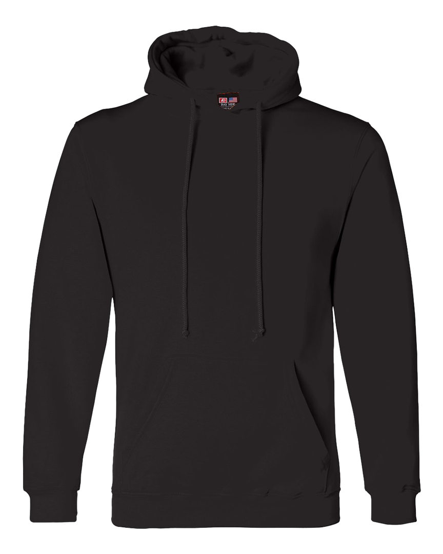 Custom Bayside Women's USA Made Hooded Sweatshirt in solid black, featuring a classic pullover design, front pocket, and durable cotton-poly fabric.