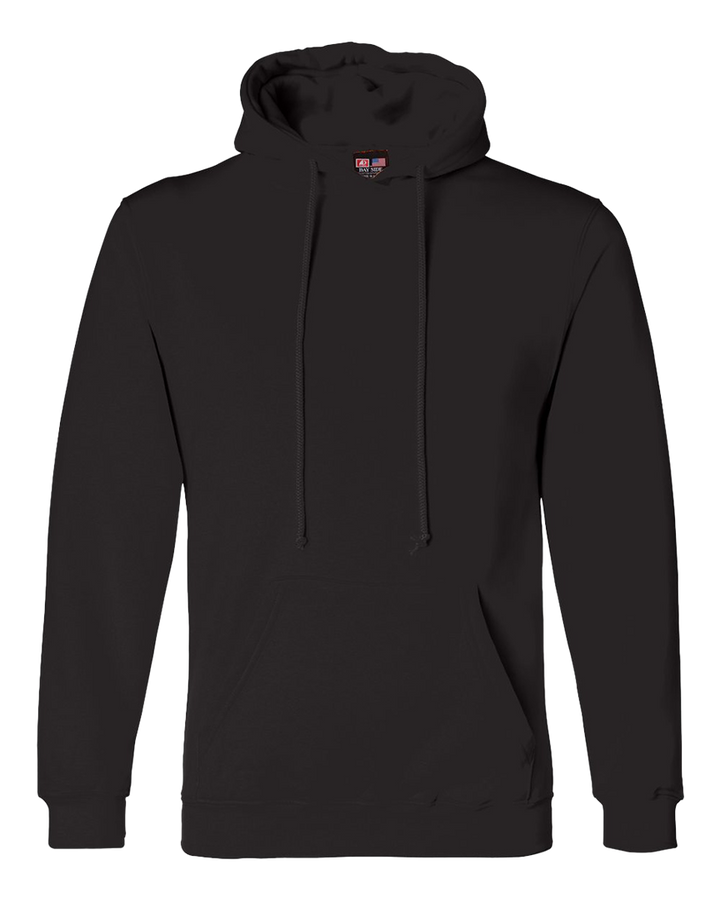 Custom Bayside Women's USA Made Hooded Sweatshirt in solid black, featuring a classic pullover design, front pocket, and durable cotton-poly fabric.