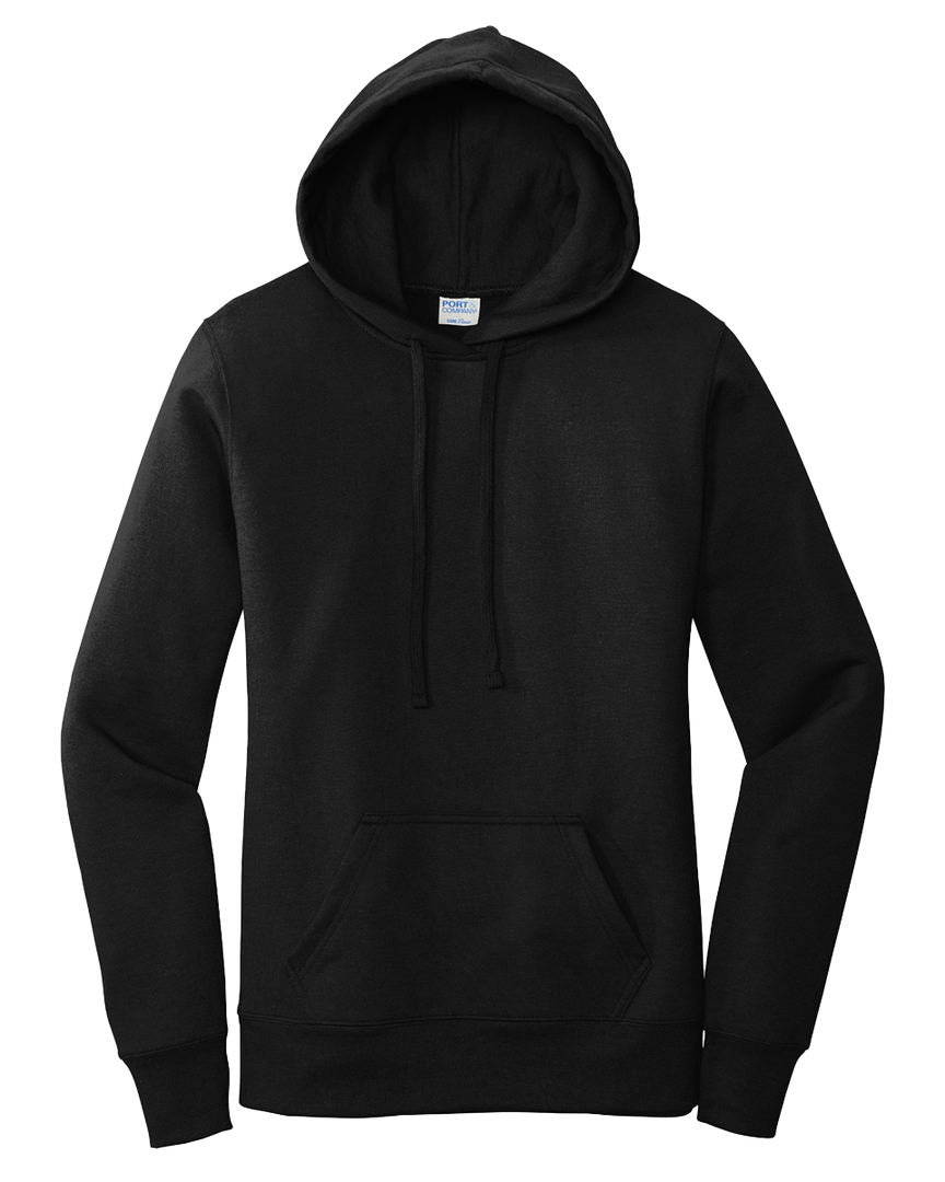 Port & Company Ladies Core Fleece Pullover Hoodie in solid black, displayed flat. Made from a soft 50/50 cotton-poly blend with a front pocket and drawstring hood.