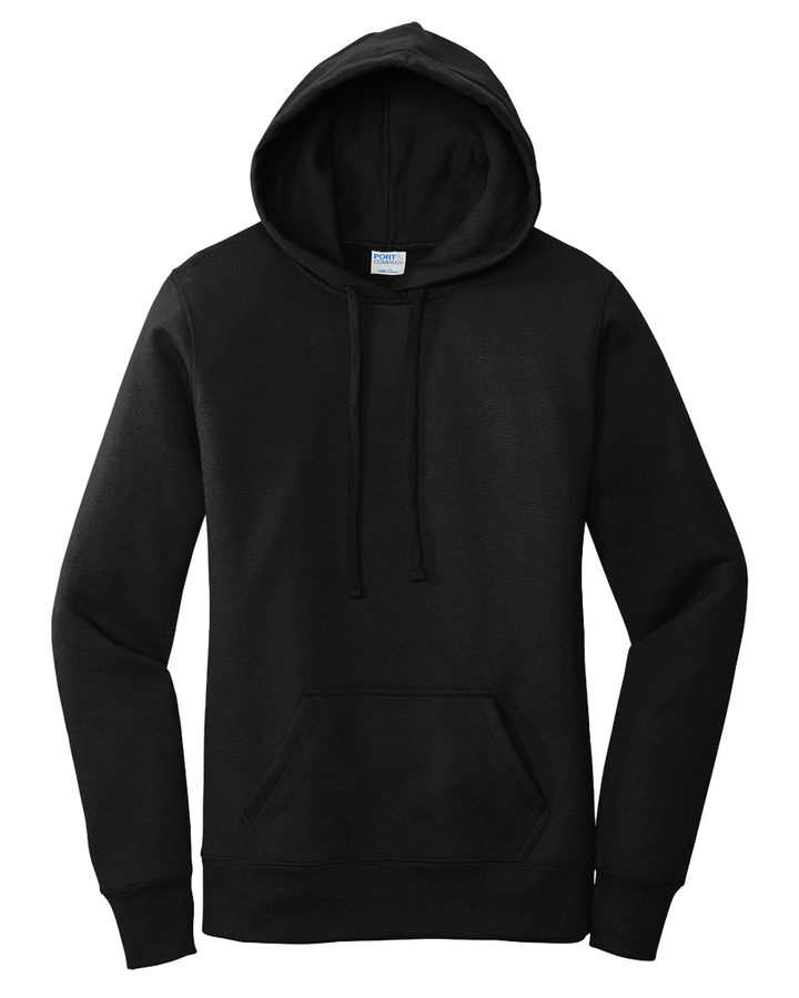 Port & Company Ladies Core Fleece Pullover Hoodie in solid black, displayed flat. Made from a soft 50/50 cotton-poly blend with a front pocket and drawstring hood.