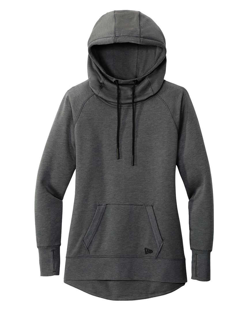 Flat lay of the New Era Ladies Tri-Blend Fleece Pullover Hoodie in dark gray, featuring a front pocket, cowl neck, and soft fleece fabric.