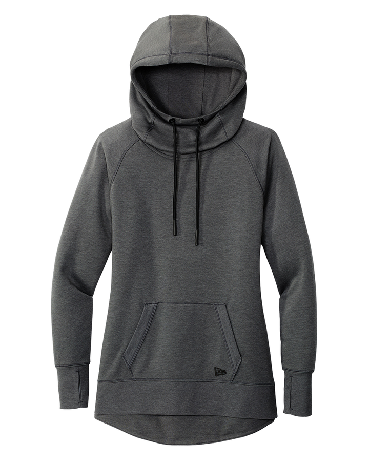 Flat lay of the New Era Ladies Tri-Blend Fleece Pullover Hoodie in dark gray, featuring a front pocket, cowl neck, and soft fleece fabric.