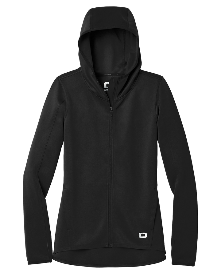 OGIO Ladies Stealth Full Zip Hooded Jacket in black, designed with a modern athletic fit, full-zip closure, and subtle OGIO logo on the lower front.