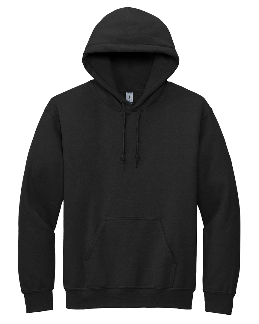 Gildan DryBlend Hoodie in black, featuring a soft cotton-poly blend, front pocket, and adjustable hood. A versatile and customizable option for teams and businesses.