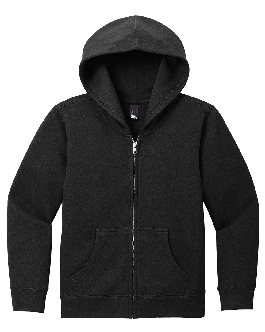 District Youth V.I.T Fleece Zip Up Hoodie in black, featuring a classic full-zip design, front pockets, and soft fleece fabric for warmth and style.