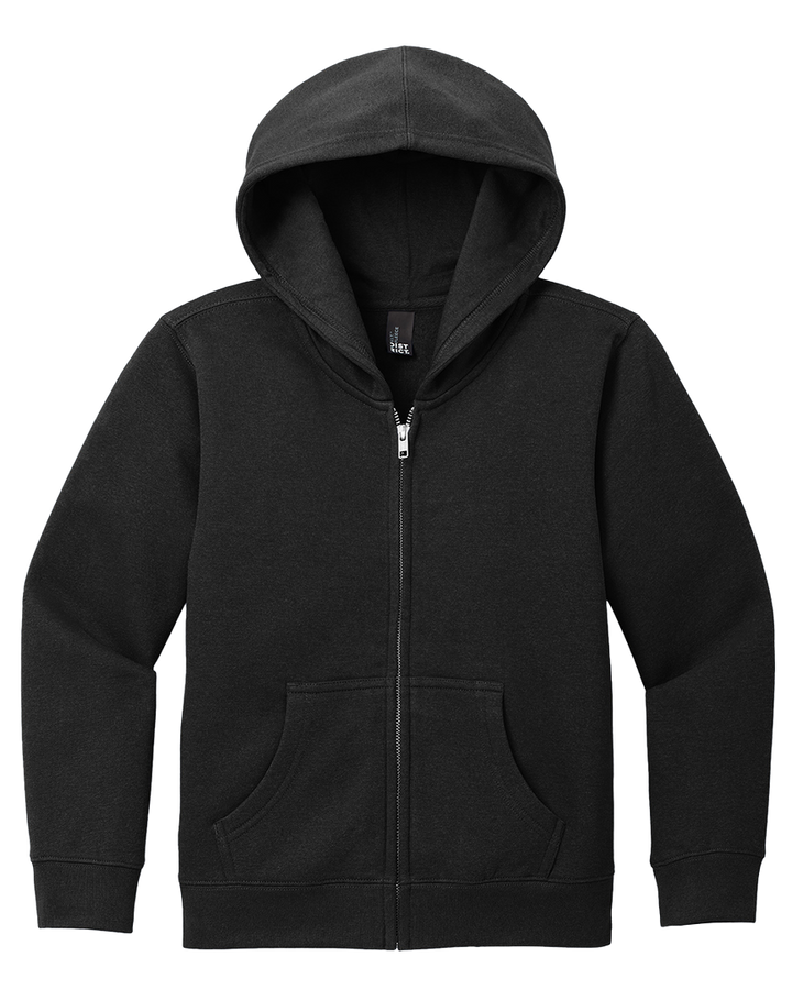 District Youth V.I.T Fleece Zip Up Hoodie in black, featuring a classic full-zip design, front pockets, and soft fleece fabric for warmth and style.