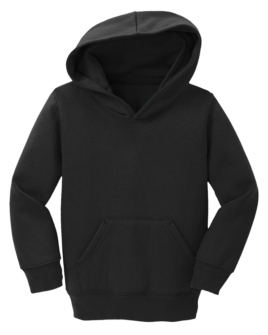 Port and Company Toddler Core Fleece Hoodie in black, featuring a classic pullover design with a front pocket and soft fleece lining for warmth.