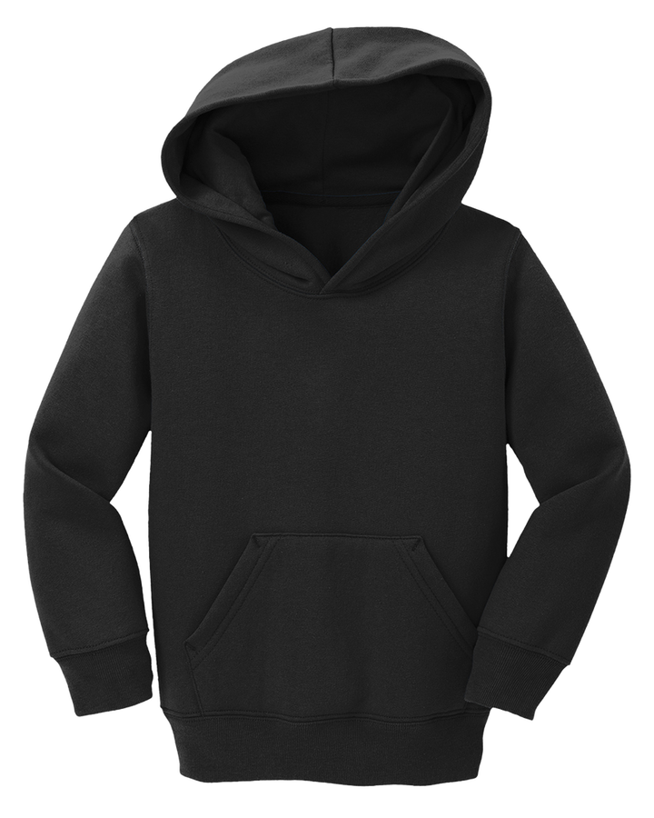 Port and Company Toddler Core Fleece Hoodie in black, featuring a classic pullover design with a front pocket and soft fleece lining for warmth.