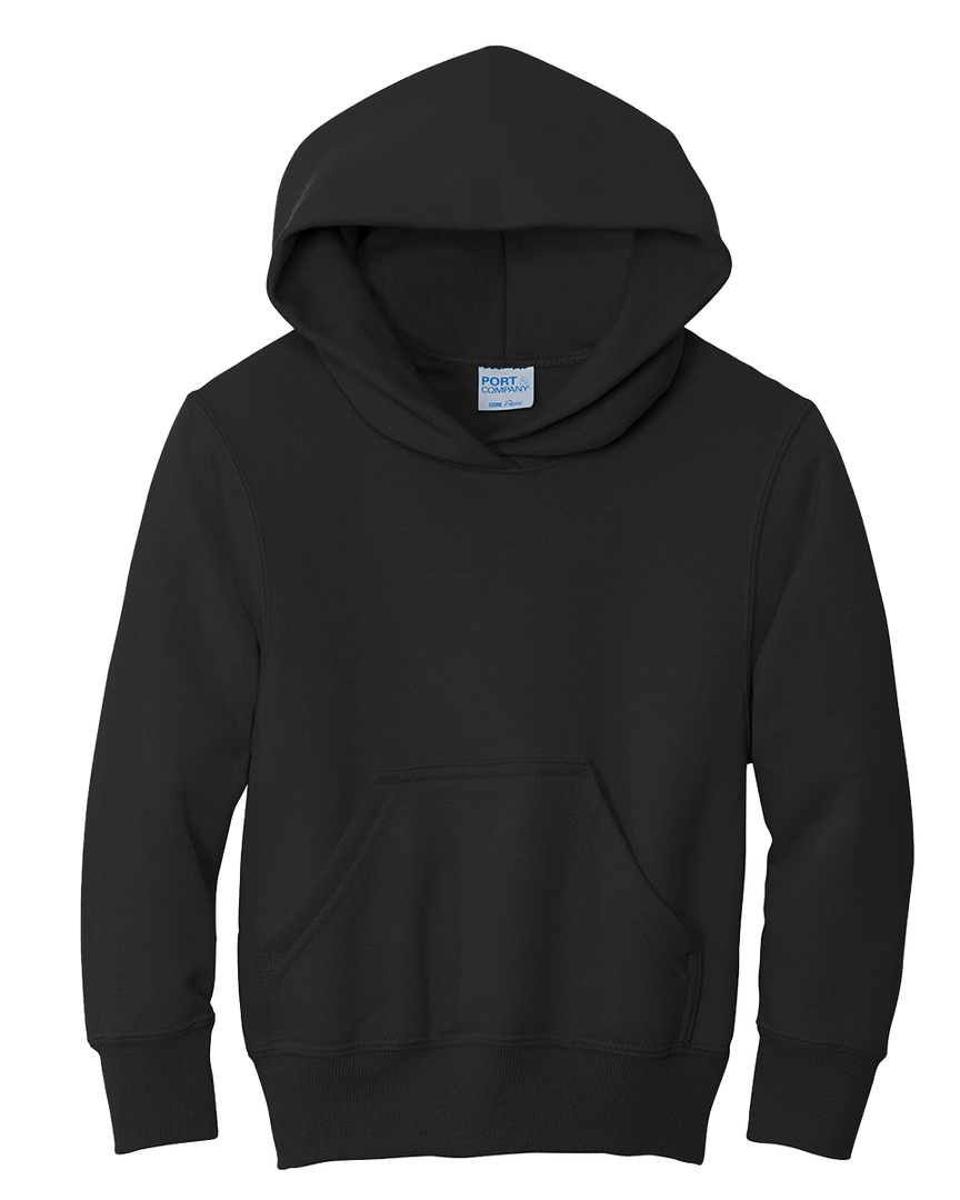 Port and Company Youth Core Fleece Hoodie in black, made from a soft cotton-poly blend with a front pocket and ribbed cuffs for a snug fit.