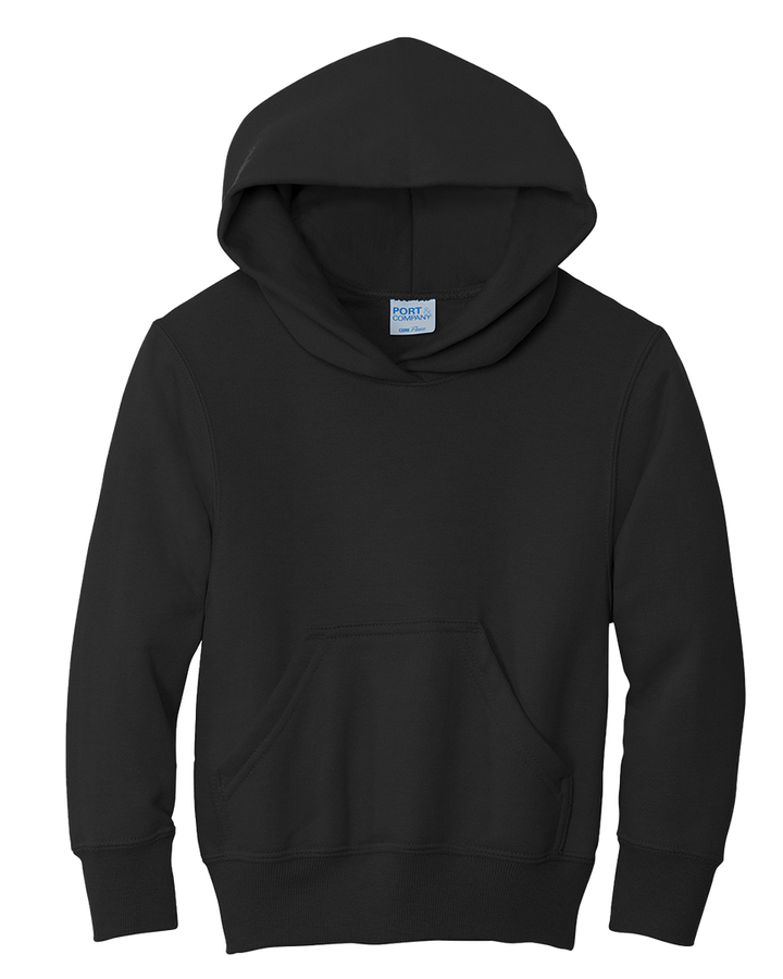 Port and Company Youth Core Fleece Hoodie in black, made from a soft cotton-poly blend with a front pocket and ribbed cuffs for a snug fit.