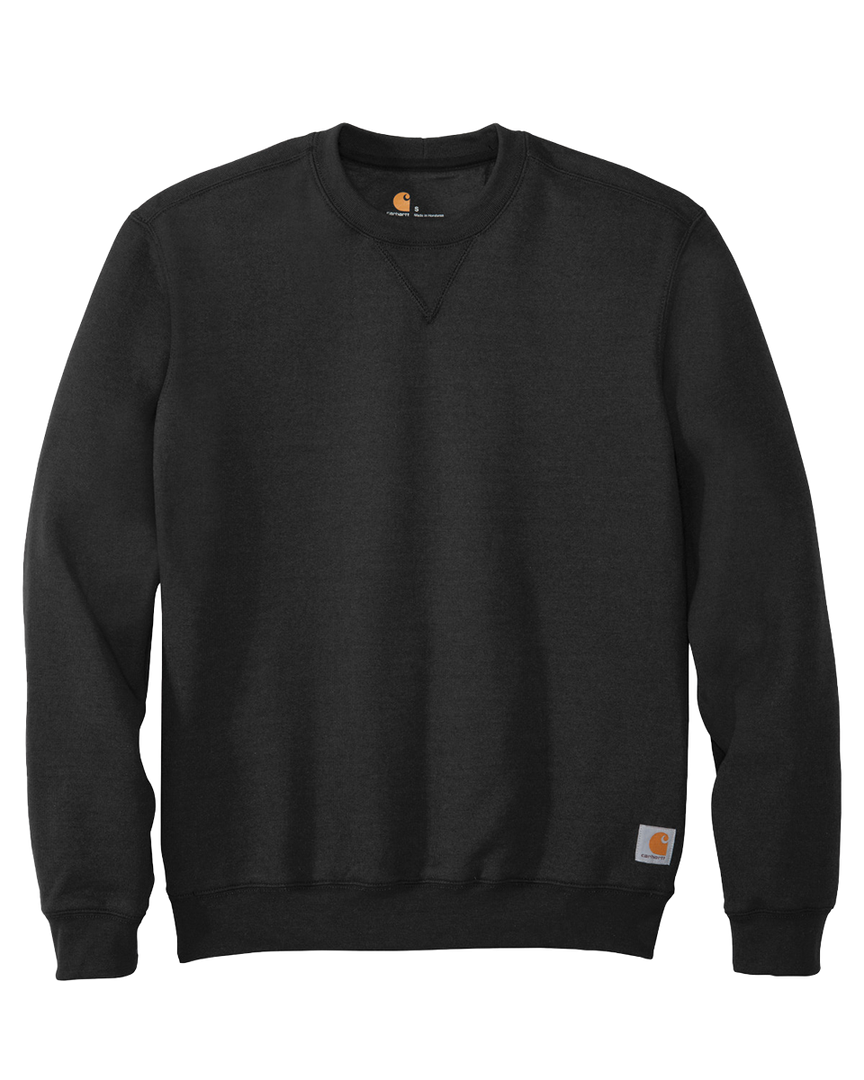 Flat lay of the Carhartt Midweight Crewneck sweatshirt in black, featuring a ribbed collar and Carhartt logo patch. Ideal for customization with embroidery or print.