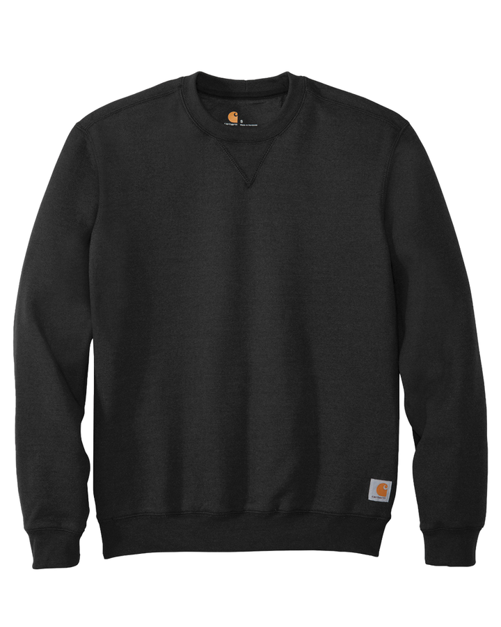 Flat lay of the Carhartt Midweight Crewneck sweatshirt in black, featuring a ribbed collar and Carhartt logo patch. Ideal for customization with embroidery or print.