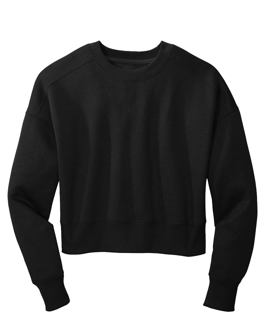 Flat lay of District Women's Perfect Weight Fleece Cropped Crewneck in black, showcasing its soft fleece fabric and relaxed cropped fit.