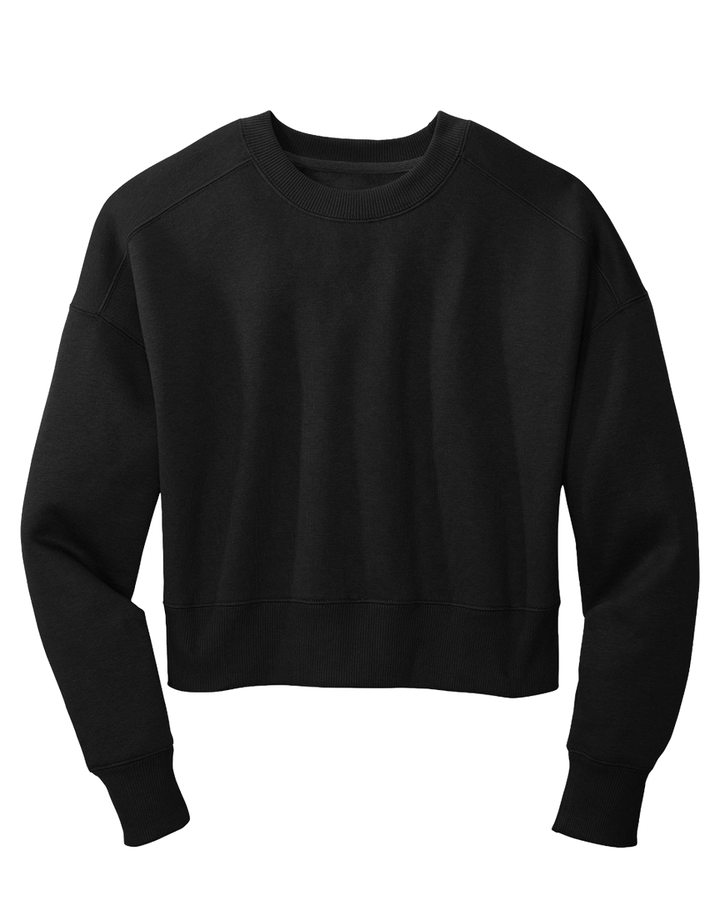 Flat lay of District Women's Perfect Weight Fleece Cropped Crewneck in black, showcasing its soft fleece fabric and relaxed cropped fit.